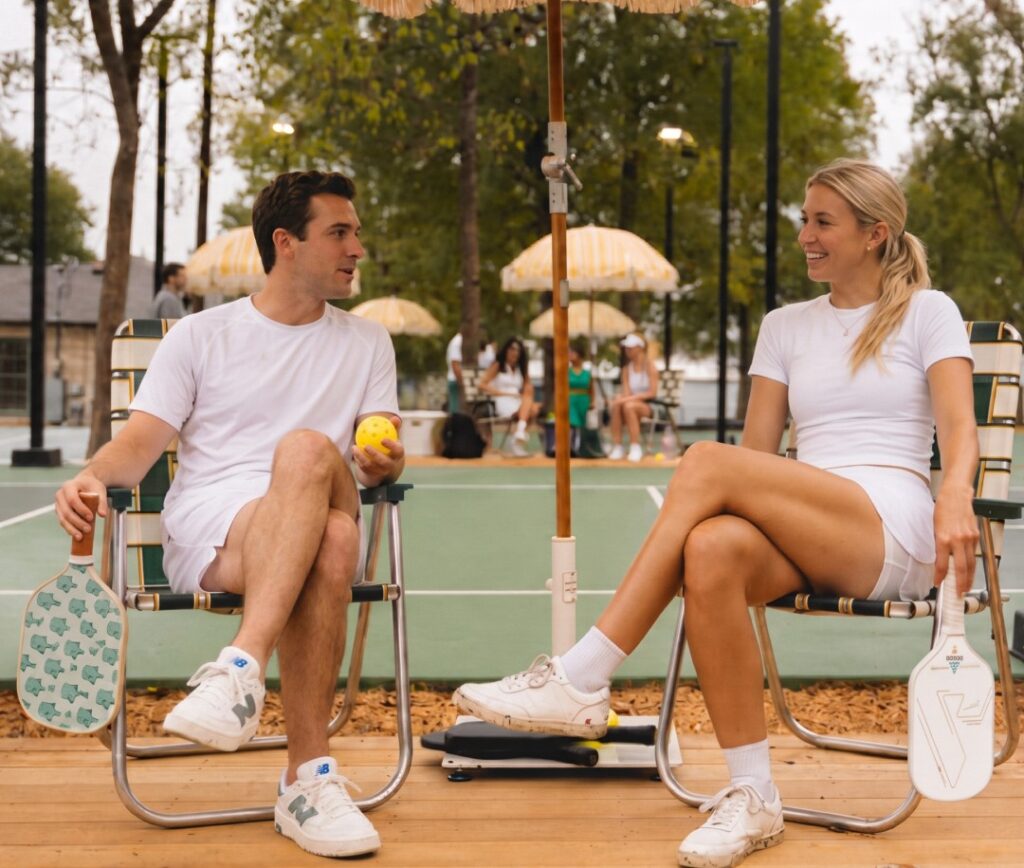 two people sitting in pickleball clothes with rackets, courtside